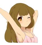  armpits arms_up blush brown_eyes brown_hair face inazuma_eleven_(series) inazuma_eleven_go inazuma_eleven_go_chrono_stone long_hair nanobana_kinako no_hairband no_pupils sekina simple_background solo stretch upper_body white_background 