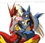  ambiguous_gender anthro avian bird blaziken blush canine chicken inumania jackal lucario male mammal nintendo one_eye_closed open_mouth pawpads plain_background pok&eacute;_puff pok&eacute;mon red_eyes sitting smile video_games white_background wink 