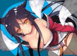  ahri animal_ears bare_shoulders black_hair breasts cleavage detached_sleeves dutch_angle facial_mark fox_ears fox_tail hase_neet huge_breasts korean_clothes league_of_legends long_hair low_neckline multiple_tails open_mouth shiny shiny_skin sidelocks solo tail very_long_hair yellow_eyes 