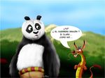  2011 angry bear chinese_dragon dialog disney dragon dreamworks eye_contact green_eyes humor lobowupp mammal mushu panda po scalie spanish_text text 