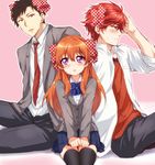  2boys ahoge black_legwear blazer blush bow bowtie brown_eyes brown_hair dress_shirt earrings gekkan_shoujo_nozaki-kun hair_bow jacket jewelry long_sleeves maruki_(punchiki) mikoshiba_mikoto multiple_boys necktie nozaki_umetarou open_mouth orange_hair outline pants pink_background pleated_skirt polka_dot polka_dot_bow profile purple_eyes red_eyes red_hair rouman_academy_uniform sakura_chiyo school_uniform shirt short_hair sitting skirt sweatdrop thighhighs unmoving_pattern v_arms zettai_ryouiki 