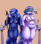  2014 anthro anthrofied blue_eyes blue_fur blue_hair chubby cleavage clothed clothing cutie_mark duo equine female friendship_is_magic fur hair horn long_hair mammal my_little_pony navel princess_celestia_(mlp) princess_luna_(mlp) sammy-upvotes sibling sisters smile sweat white_fur winged_unicorn wings 