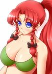  alternate_costume alternate_hairstyle bikini blue_eyes blush bow braid breasts cleavage green_bikini hair_bow hong_meiling large_breasts long_hair looking_at_viewer mazume ponytail red_hair simple_background solo swimsuit touhou twin_braids upper_body white_background 