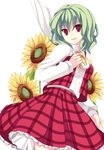  flower green_hair holding kazami_yuuka looking_at_viewer parasol parted_lips plaid plaid_skirt plaid_vest red_eyes short_hair skirt smile solo sunflower takase_kanan touhou umbrella vest 