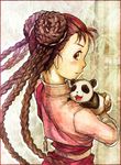  bad_id bad_pixiv_id bare_shoulders border braid braided_bun brown_eyes brown_hair closed_mouth double_bun from_above from_behind fullmetal_alchemist long_hair looking_at_viewer looking_back may_chang multiple_braids panda parhart profile red_border sash sleeveless smile tassel traditional_media upper_body very_long_hair watercolor_(medium) xiao-mei 