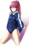  bare_legs blush breasts competition_swimsuit covered_navel free! jacket long_hair matsuoka_gou medium_breasts one-piece_swimsuit ponytail red_eyes red_hair smile solo swimsuit tonee track_jacket 