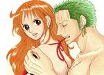  1boy 1girl brown_eyes kayochin40 long_hair nami nami_(one_piece) one_piece orange_hair roronoa_zoro tattoo 