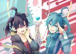  asuna_(doruru-mon) black_hair ene_(kagerou_project) enomoto_takane green_eyes green_hair headphones kagerou_project long_hair multiple_girls twintails 