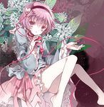  bad_id bad_pixiv_id bare_legs cierra_(ra-bit) flower hairband komeiji_satori looking_at_viewer parted_lips pink_eyes pink_hair short_hair solo third_eye touhou 