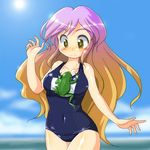  bad_id bad_pixiv_id bangs beach blue_swimsuit blurry blush body_blush breasts cloud collarbone covered_navel cowboy_shot day depth_of_field embarrassed frog gradient_hair hand_up hijiri_byakuren large_breasts long_hair looking_down marisa_to_alice_no_cookie_storia multicolored_hair ocean one-piece_swimsuit orange_hair outdoors purple_hair school_swimsuit shiny shiny_clothes shiny_hair shiny_skin sky solo standing sun swimsuit touhou very_long_hair water wavy_mouth wide-eyed winn yellow_eyes 