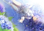  arm_up barefoot blue_eyes cherinova dress flower hydrangea long_hair long_sleeves lying on_back original outstretched_arm partially_submerged petals petals_on_liquid purple_hair smile solo sunlight upside-down water 