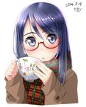  blue_eyes blue_hair blush coat cup dated glasses long_hair looking_at_viewer open_mouth original plaid plaid_scarf red-framed_eyewear red_scarf scarf semi-rimless_eyewear signature solo steam takebi under-rim_eyewear 