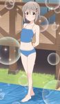  arms_behind_back bangs barefoot blush brown_hair full_body grass green_eyes hair_between_eyes hair_ornament hairclip highres lens_flare_abuse looking_at_viewer midriff navel outdoors screencap short_hair solo sparkle standing swimsuit tankini wavy_mouth yama_no_susume yukimura_aoi 