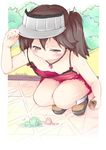  absurdres adjusting_clothes adjusting_hat blush breasts brown_hair chiyami downblouse food full_body hat highres ice_cream ice_cream_cone jewelry kantai_collection necklace outdoors pout ryuujou_(kantai_collection) small_breasts solo squatting sweat tears twintails twitter_username visor_cap white_legwear 