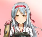  blush brown_eyes flight_deck headband japanese_clothes kantai_collection long_hair looking_at_viewer max_melon muneate pink_hair shoukaku_(kantai_collection) silver_hair smile solo twitter_username upper_body 