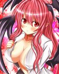  bad_id bad_pixiv_id bat_wings blouse breasts collarbone head_wings highres koakuma large_breasts long_hair looking_at_viewer no_bra open_blouse open_clothes pov red_eyes red_hair smile solo touhou undressing vermentino white_blouse wings 