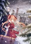  1girl aquariumtama blurry bow brown_hair building coat depth_of_field double-breasted green_eyes hair_bow hair_ribbon height_difference long_hair looking_at_viewer mansion mittens original ribbon silver_eyes silver_hair smile snowing twintails 