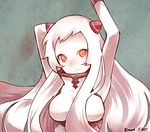  airfield_hime arm_behind_head arm_up armpits bare_shoulders horns kantai_collection long_hair looking_at_viewer max_melon pale_skin red_eyes shinkaisei-kan smile twitter_username upper_body white_hair 