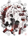 breasts cleavage covered_mouth dress horns kantai_collection large_breasts long_hair looking_at_viewer midway_hime nine_(liuyuhao1992) pale_skin red_eyes shinkaisei-kan solo veins very_long_hair white_dress white_hair 