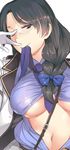  black_eyes black_hair braid breasts glasses gloves gonou_hitomi large_breasts long_hair mouth_hold navel open_clothes rail_wars! ryuuta_(msxtr) solo uniform upper_body white_background white_gloves 
