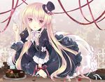  :d bad_id bad_pixiv_id banned_artist blonde_hair cake food fork hat holding lolita_fashion long_hair looking_at_viewer open_mouth original ribbon smile solo suihi very_long_hair yellow_eyes 