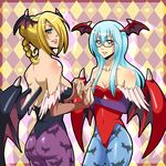  amamiya_sakurako ass back bare_shoulders bat bat_print beelzebub_(manga) blonde_hair blue_hair braid breasts bridal_gauntlets cleavage cosplay demon_girl elbow_gloves glasses gloves green_eyes hair_bun hair_over_one_eye head_wings hilda_(beelzebub) karoll_ann leotard lilith_aensland lilith_aensland_(cosplay) long_hair morrigan_aensland morrigan_aensland_(cosplay) open_mouth pantyhose patterned_legwear print_legwear psyren purple_eyes short_hair vampire_(game) wings 