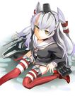  amatsukaze_(kantai_collection) cannon dress garter_straps hair_tubes hat kantai_collection long_hair long_sleeves machinery red_legwear sailor_dress short_dress silver_hair sinzan sitting solo thighhighs two_side_up very_long_hair yellow_eyes zettai_ryouiki 