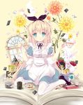  :q alice_(wonderland) alice_in_wonderland aqua_eyes banned_artist blonde_hair book card cup flower hairband holding long_hair looking_at_viewer mary_janes original playing_card shoes sitting smile solo suihi teacup tongue tongue_out white_legwear 