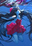  absurdly_long_hair arutera bad_id bad_pixiv_id banned_artist barefoot blue closed_eyes dress floating_hair flower hair_flower hair_ornament highres long_hair original red_dress reflection solo spaghetti_strap strap_slip underwater very_long_hair 