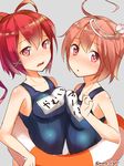  ahoge bare_shoulders blush breast_press breasts hair_ornament highres i-168_(kantai_collection) i-58_(kantai_collection) kantai_collection lifebuoy looking_at_viewer max_melon multiple_girls one-piece_swimsuit pink_eyes pink_hair ponytail red_eyes red_hair school_swimsuit short_hair swimsuit symmetrical_docking twitter_username upper_body yuri 