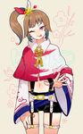  ;p brown_hair ggk-kgr kunoichi_(sengoku_musou) midriff navel ninja one_eye_closed sengoku_musou sengoku_musou_4 side_ponytail solo tongue tongue_out 