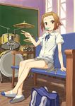  bag bare_legs brown_eyes brown_hair dress_shirt drum drum_set food hairband ice_cream instrument izumi_(ko8) k-on! looking_at_viewer no_socks sakuragaoka_high_school_uniform school_bag school_uniform shirt shoes sitting skirt smile solo tainaka_ritsu uwabaki v 