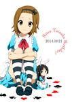  akiyama_mio alice_(wonderland) alice_(wonderland)_(cosplay) alice_in_wonderland animal_ears birthday black_eyes black_hair blush brown_eyes brown_hair bunny_ears chibi cosplay dated dress hairband k-on! kneehighs long_hair looking_at_viewer multiple_girls official_style pantyhose ragho_no_erika short_hair sitting striped striped_legwear tainaka_ritsu 