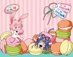  &gt;_&lt; :q animal_ears banned_artist black_hair bow bunny_ears cat_ears cat_tail chibi closed_eyes eating food hair_bow hair_ribbon long_hair lying macaron multiple_girls original pink_eyes pink_hair ribbon short_hair sitting suihi tail tongue tongue_out 