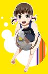  1girl ball beachball bow brown_hair doujima_nanako izanagi persona persona_4 solo swimsuit twintails yellow_background 