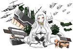  1girl aircraft airfield airfield_hime bad_id bad_pixiv_id black_gloves black_hands boeing_c-17 boots breastplate breasts car cargo_aircraft ch-47_chinook chibi commentary_request control_tower crest f-15_eagle gloves glowing glowing_eyes goggles goggles_on_headwear ground_vehicle headset helmet horns humvee kantai_collection knee_pads large_breasts long_hair military military_base military_uniform military_vehicle motor_vehicle pale_skin radio_tower red_eyes runway saizu_nitou_gunsou shinkaisei-kan solo_focus teeth uniform white_hair white_skin yokota_air_base 