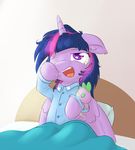  2014 alasou bed clothing cute equine female feral friendship_is_magic fur hair horn mammal messy_hair my_little_pony open_mouth pajamas plushie purple_eyes purple_fur purple_hair solo spike_(mlp) twilight_sparkle_(mlp) waking_up winged_unicorn wings yawn 