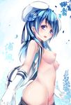  blue_eyes blue_hair breasts gloves hair_bun hat kantai_collection long_hair looking_at_viewer navel nipples open_mouth partially_undressed ribbon skirt skirt_pull small_breasts solo suishin_tenra urakaze_(kantai_collection) white_hat 