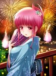  :d fan fireworks folding_fan japanese_clothes kimono kozue_akari looking_at_viewer open_mouth pink_eyes pink_hair saigyouji_yuyuko short_hair smile spirit touhou 