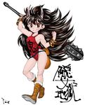  bangle big_hair black_hair boots bracelet breasts brown_eyes child club dudou eyeshadow horns huge_weapon jewelry kanabou long_hair makeup oboro_muramasa oni over_shoulder pouch rajaki_(oboro_muramasa) small_breasts smile solo spiked_club tetsumasa weapon weapon_over_shoulder 