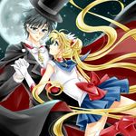  1girl artist_name back_bow bishoujo_senshi_sailor_moon bishoujo_senshi_sailor_moon_crystal black_hair blonde_hair blue_sailor_collar blue_skirt boots bow cape chiba_mamoru choker elbow_gloves full_moon gloves hair_ornament hairclip hat hetero holding_hands interlocked_fingers long_hair looking_at_another mask moon pleated_skirt red_bow red_choker red_footwear sailor_collar sailor_moon sailor_senshi_uniform shirataki_kaiseki short_hair skirt top_hat tsukino_usagi tuxedo tuxedo_kamen twintails very_long_hair white_gloves 