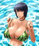  1girl bikini black_eyes black_hair breasts choker curvy erect_nipples fatal_frame fatal_frame_3 female green_bikini huge_breasts kurosawa_rei lips ml navel short_hair smile solo standing string_bikini swimsuit upper_body water wet 