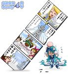  4koma blonde_hair blue_hair character_request comic cosplay cure_honey cure_marine cure_melody cure_melody_(cosplay) cure_rhythm cure_rhythm_(cosplay) dutch_angle happinesscharge_precure! head_bump heartcatch_precure! kurumi_erika oomori_yuuko osaka_(city) parody partially_translated precure pururun_z saiark simple_background smile_precure! suite_precure tower translation_request tsuutenkaku white_background 