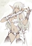  armor blade breasts dark_elf dark_skin elf flower grey_hair h-y-d hair_flower hair_ornament highres large_breasts long_hair looking_at_viewer orange_eyes original pointy_ears sketch solo sword weapon 