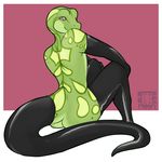  2014 anthro back_turned bedroom_eyes big_butt black_sclera butt elbow_gloves gecko girly gloves knees_up legwear lizard looking_at_viewer looking_back male redpandacase reptile rivia_green rubber scalie sitting smile solo tail_warmer thigh_highs 
