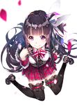  arm_support bangs black_hair black_legwear blunt_bangs blurry blush bow bowtie breasts buttons capelet depth_of_field from_above full_body garters hair_ribbon hand_on_own_shoulder lace life_alive! light_smile linda_airi long_hair looking_at_viewer looking_up mary_janes medium_breasts one_side_up petticoat plaid plaid_skirt pleated_skirt purple_eyes ribbon school_uniform shoes sidelocks simple_background sitting skirt sleeve_cuffs smile solo thighhighs very_long_hair wariza white_background wing_collar yuugen zettai_ryouiki 