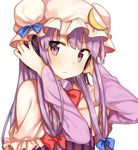  arms_up bad_id bad_twitter_id bow capelet crescent hair_bow hair_ornament hat hat_bow headphones long_hair long_sleeves looking_at_viewer mob_cap patchouli_knowledge purple_eyes purple_hair shinoba simple_background solo touhou upper_body white_background 