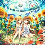  bare_legs barefoot blonde_hair blue_eyes blush brown_hair bubble dress fish flower goldfish highres long_hair multiple_girls original sakura_ani sitting smile sundress sunflower surreal underwater wind_chime yokozuwari 