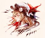  banned_artist blonde_hair blood blood_on_face checkered face flandre_scarlet flower hat kozou_(soumuden) mob_cap ponytail portrait profile red_eyes side_ponytail simple_background solo touhou 