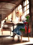  alice_margatroid banned_artist blonde_hair blue_dress blue_eyes book_stack capelet chair dress hairband kozou_(soumuden) sash shanghai_doll sitting table touhou window 